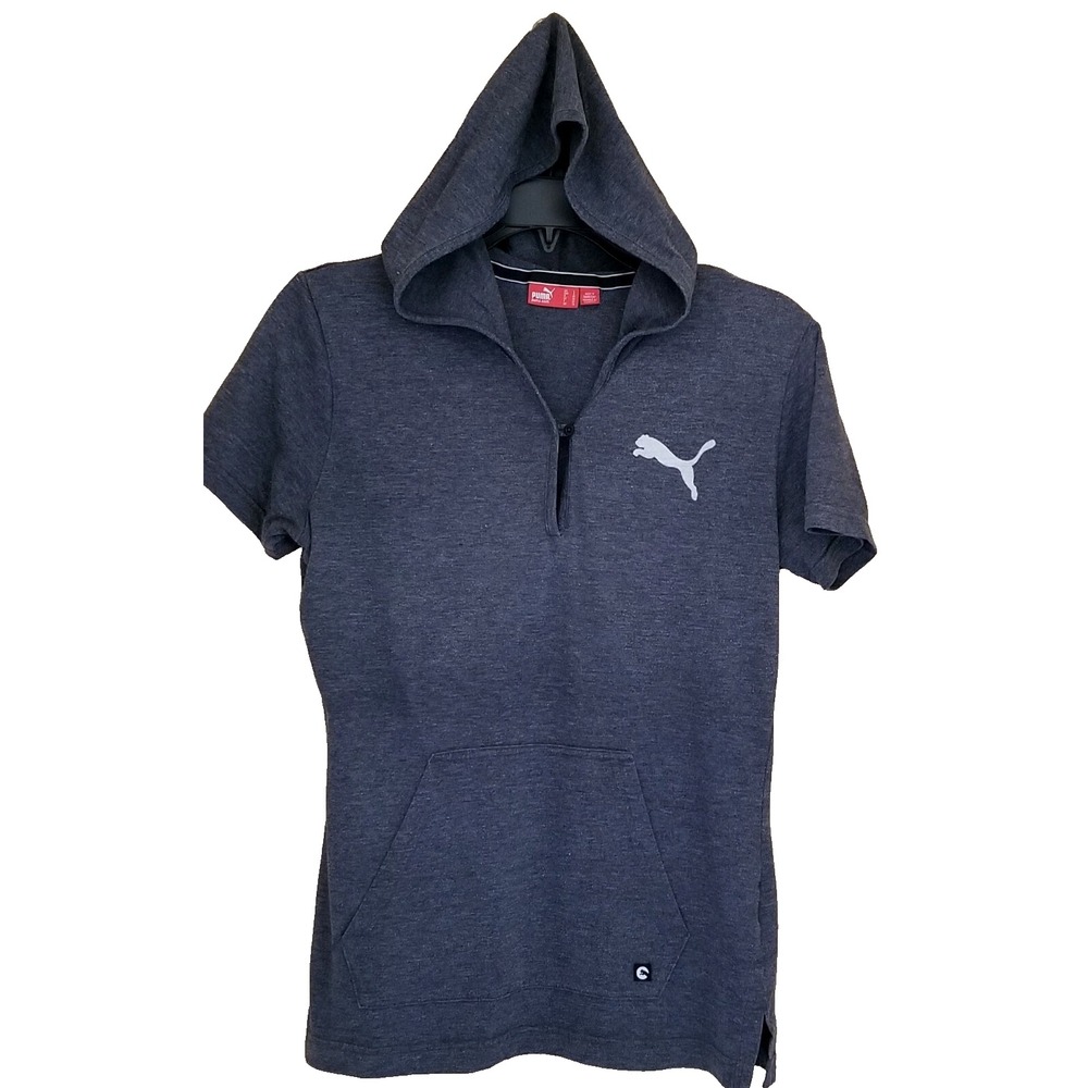 PUMA Shirt Wonens L Gray Fitted Pullover Hoodie S/Sleeve Front Pockets Y2K/VTG